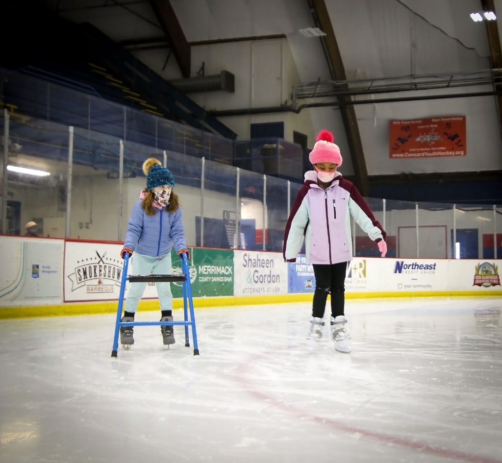 New skaters Brea Vicary (left) and  Jada Frost check out the ice at Everett Arena on Thursday noontime, January 28, 2021. Ice skating continues at the Everett Arena with skating hours Monday through Saturday, 11:30 a.m. to 1:00 p.m. and Sundays 5:30 p.m. to 7:00 p.m. with all the safety prodicals in place. Upon entering, participants are given a code to a website for contact tracing and tempertures are taken on site. MELISSA CURRAN