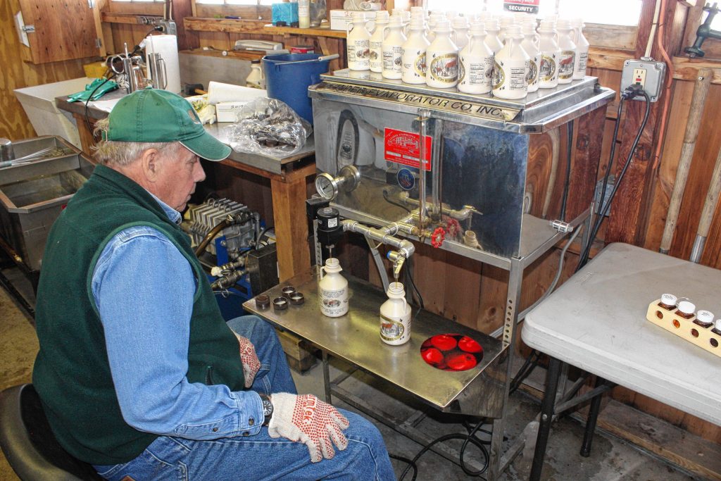 Despite the weird maple season we've had so far, Dean Wilber was still able to show us the process of bottling the finished product at Mapletree Farm last week. He does the packaging right in the same shack he makes the syrup in. (JON BODELL / Insider staff) JON BODELL / Insider staff