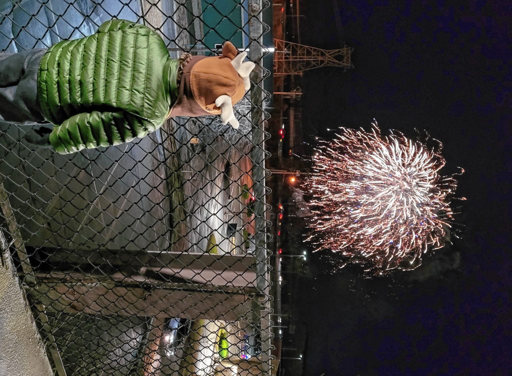 A child watches the fireworks from the Storrs Street parking garage on Friday night following the tree lighting at city plaza.