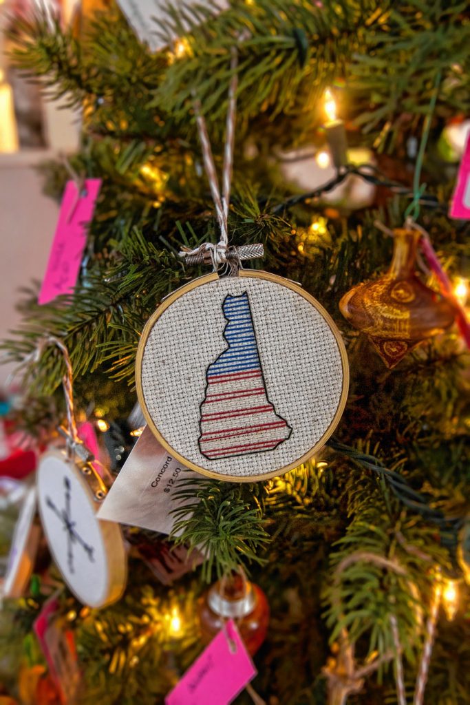 Embroidery hoop ornament created by B Tree Crafts avalilable at The Concord Handmade pop up shop located on Main Street. Allie StPeter