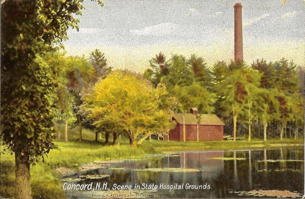 Pond @ NH State Hospital, Concord, NH This is the serenely-named Asylum Pond on the State Hospital grounds on Pleasant Street, courtesy of reader Earl Burroughs. Based on that kind of creative naming criteria, we can only assume other items featured in this photo include redish shedlike building and super tall skinny smokestacky thing. 