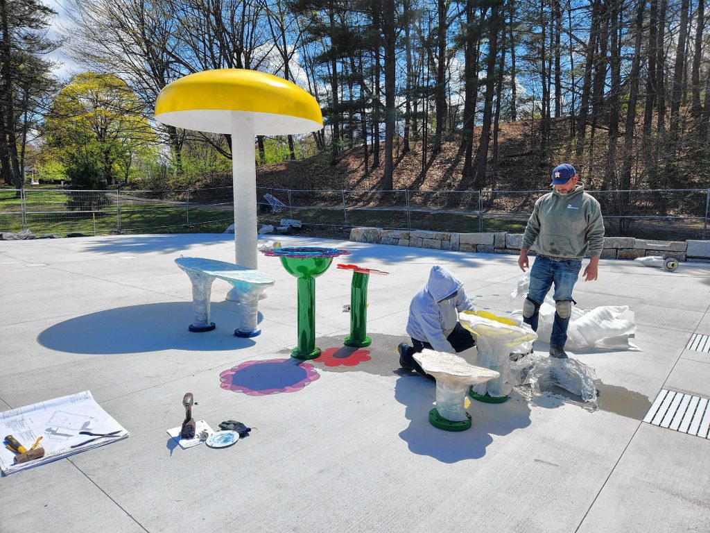 The beloved mushroom raindrop from the old pool has been refurbished and installed back on the White Park splash pad.  